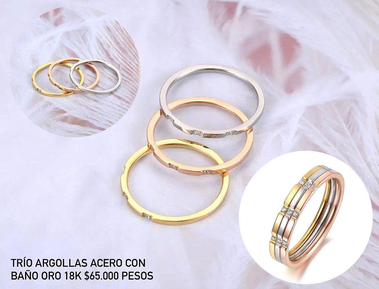 Trío anillos acero con baño oro 18k
