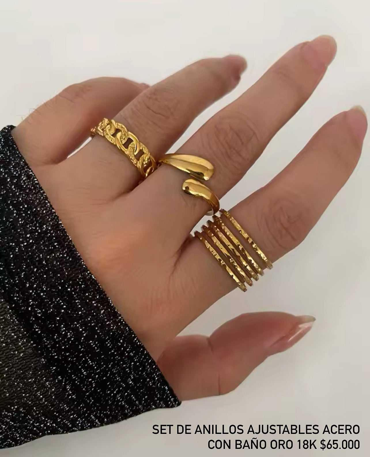 Set anillos ajustables acero con baño oro 18k