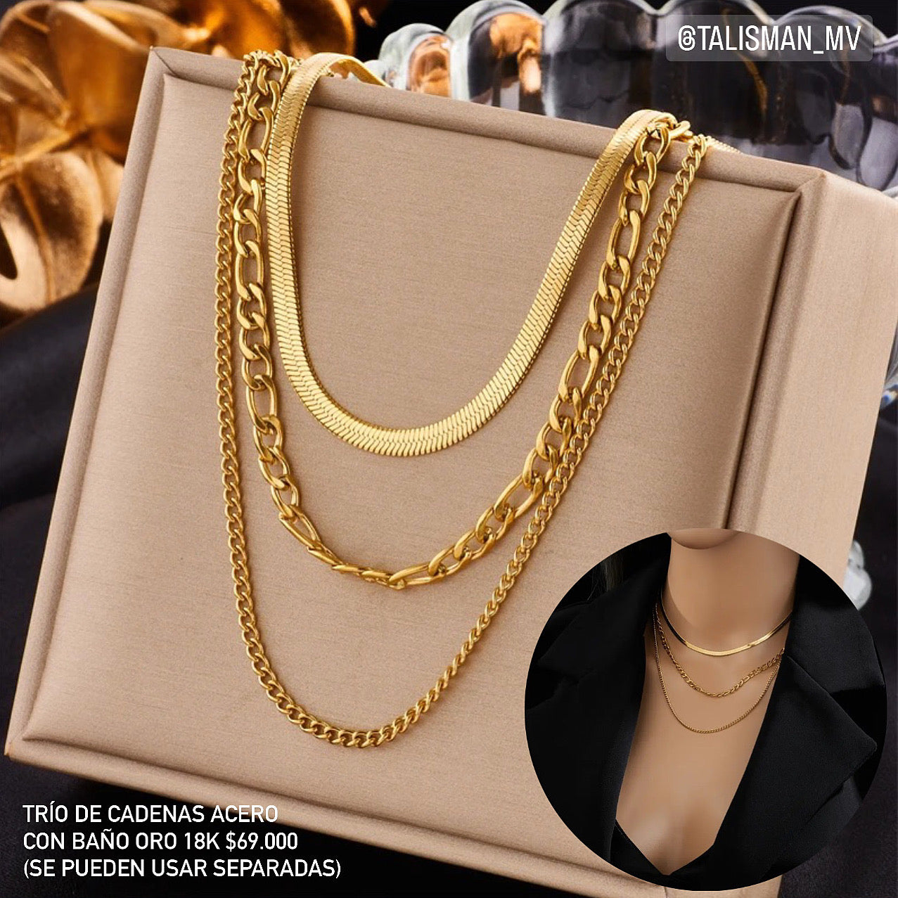 Trío de cadenas acero con baño oro 18k