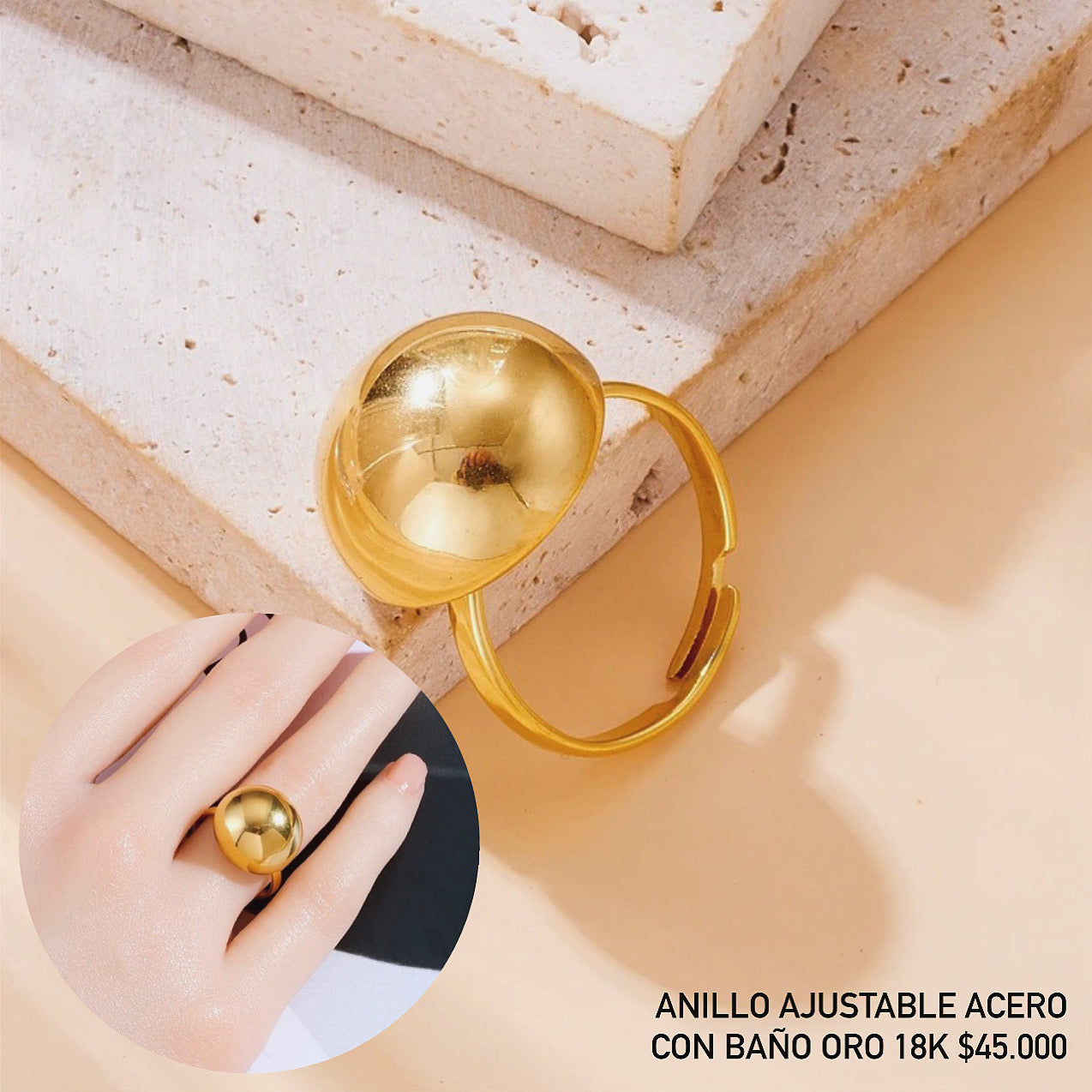 Anillo ajustable acero con baño oro 18k