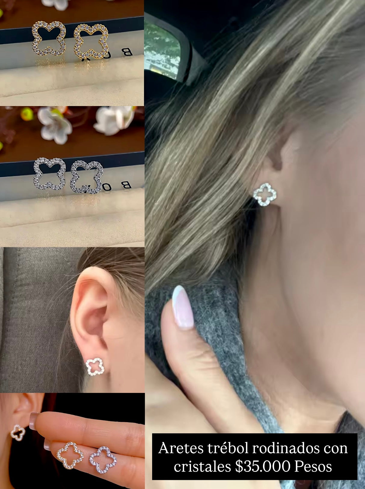 Aretes trébol rodinados con cristales