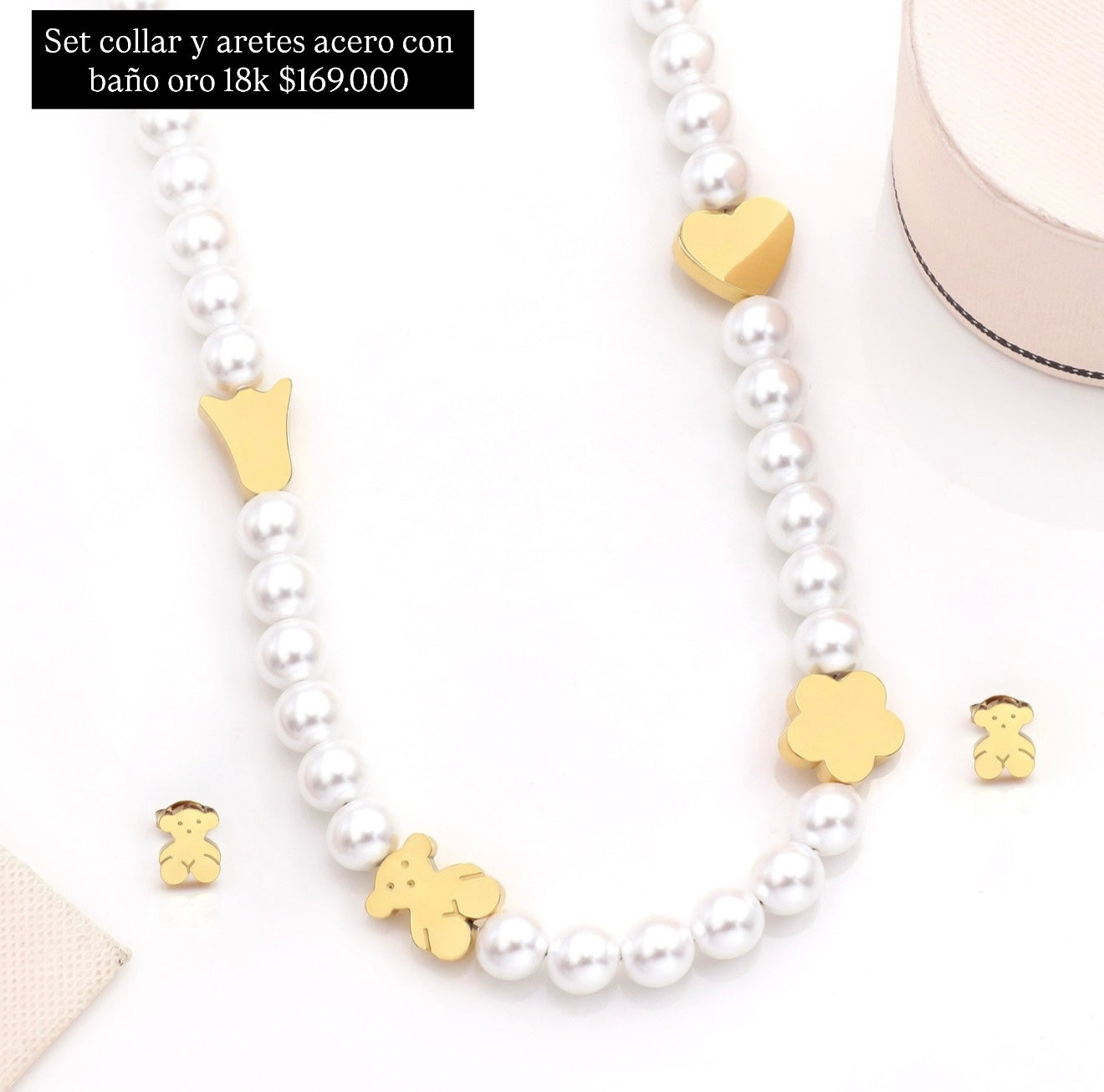 Set aretes y collar acero con baño oro 18k