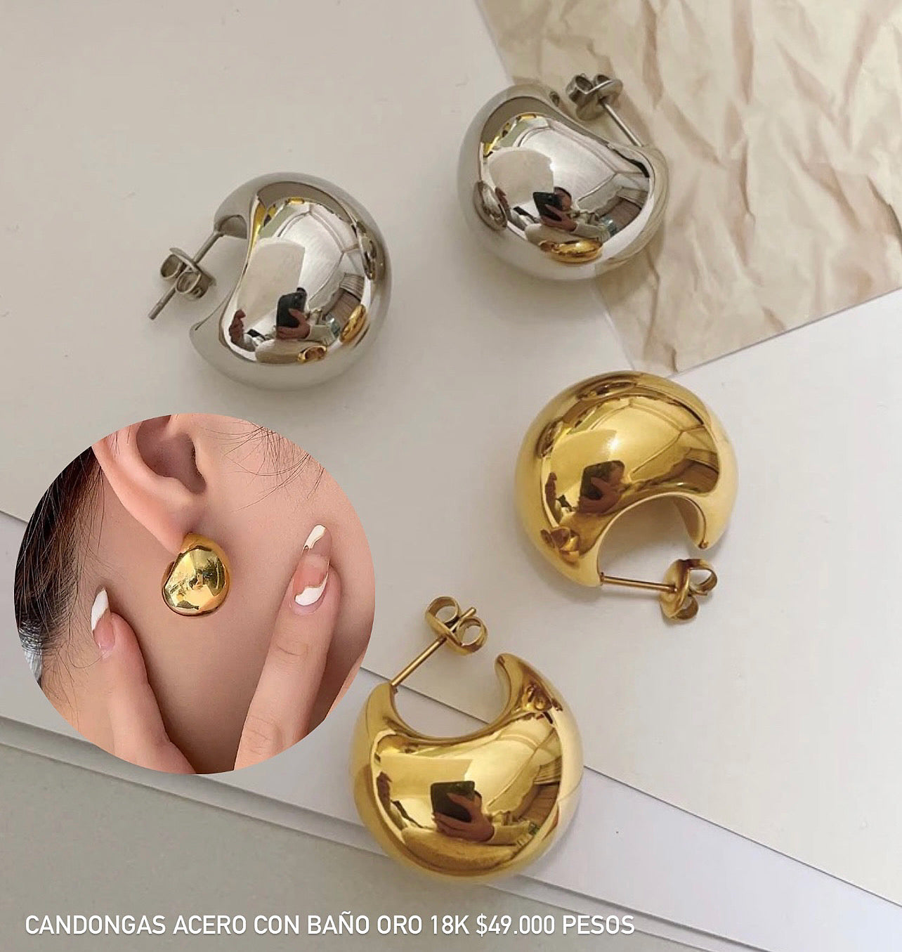 Candongas acero con baño oro 18k