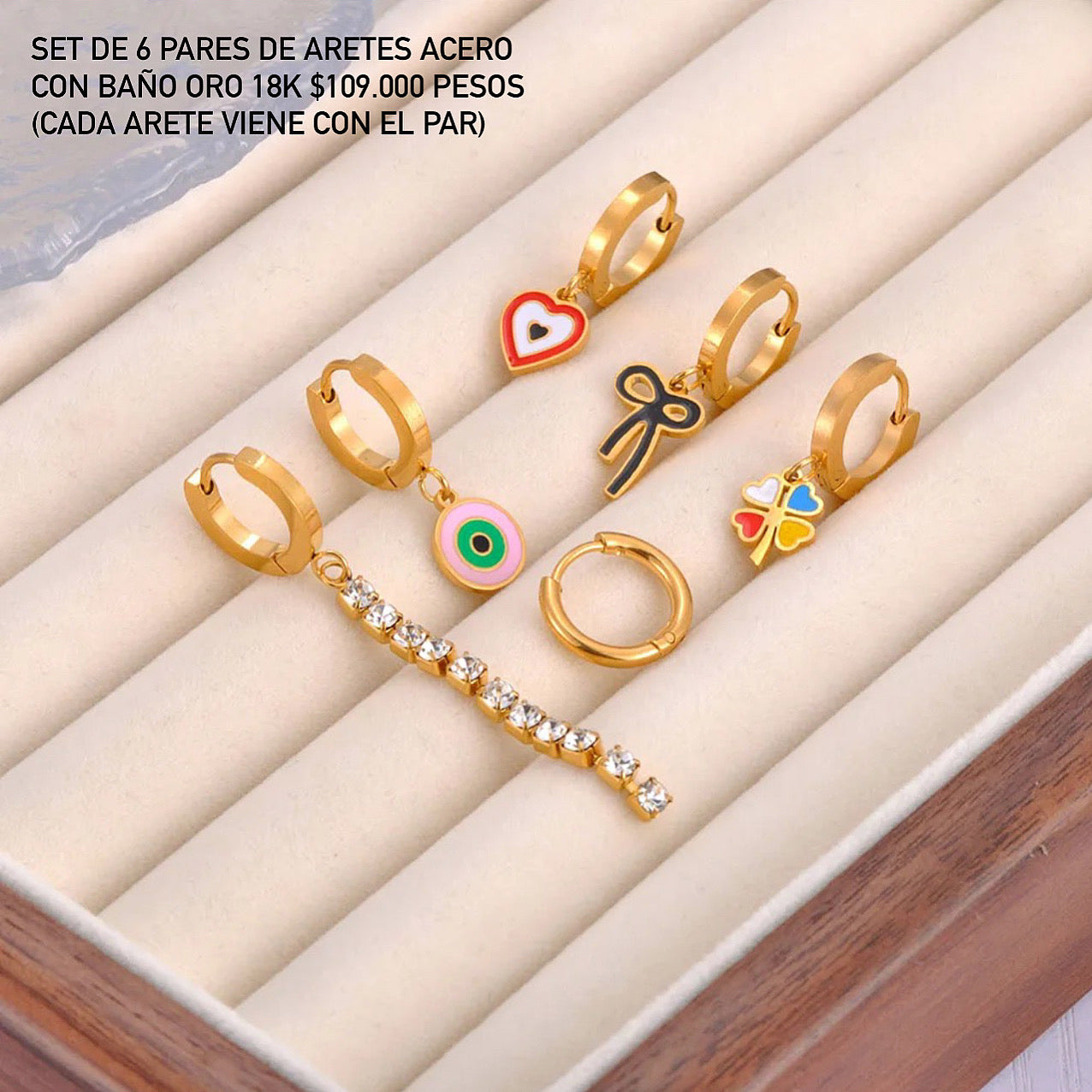 Set de 6 pares de aretes acero con baño oro 18k