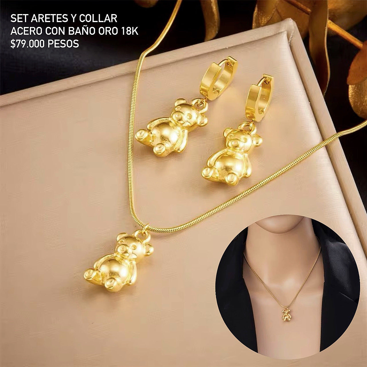 Set aretes y collar acero con baño oro 18k
