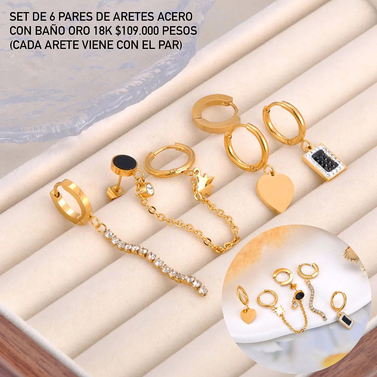 Set 6 Pares de aretes acero con baño oro 18k