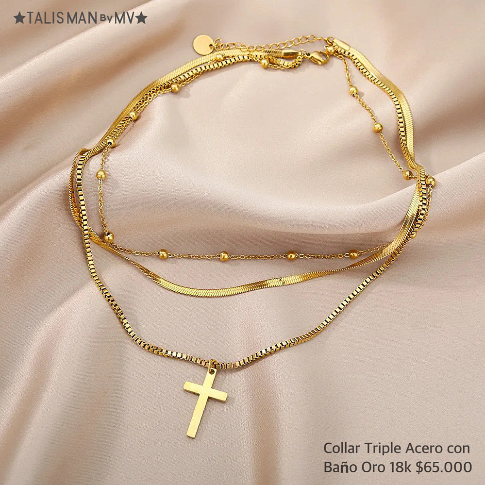 Collar triple acero con baño oro 18k