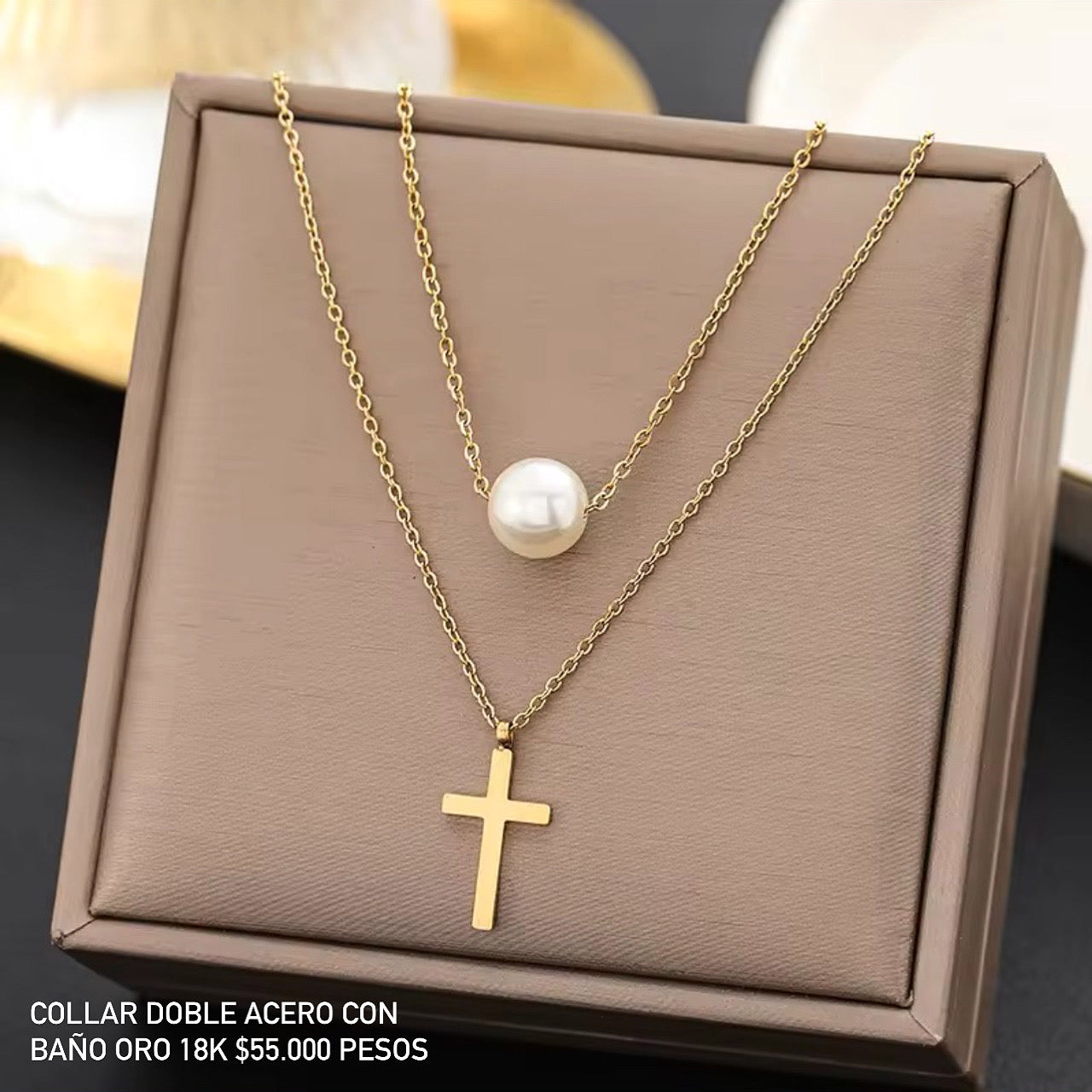 Collar doble acero con baño oro 18k