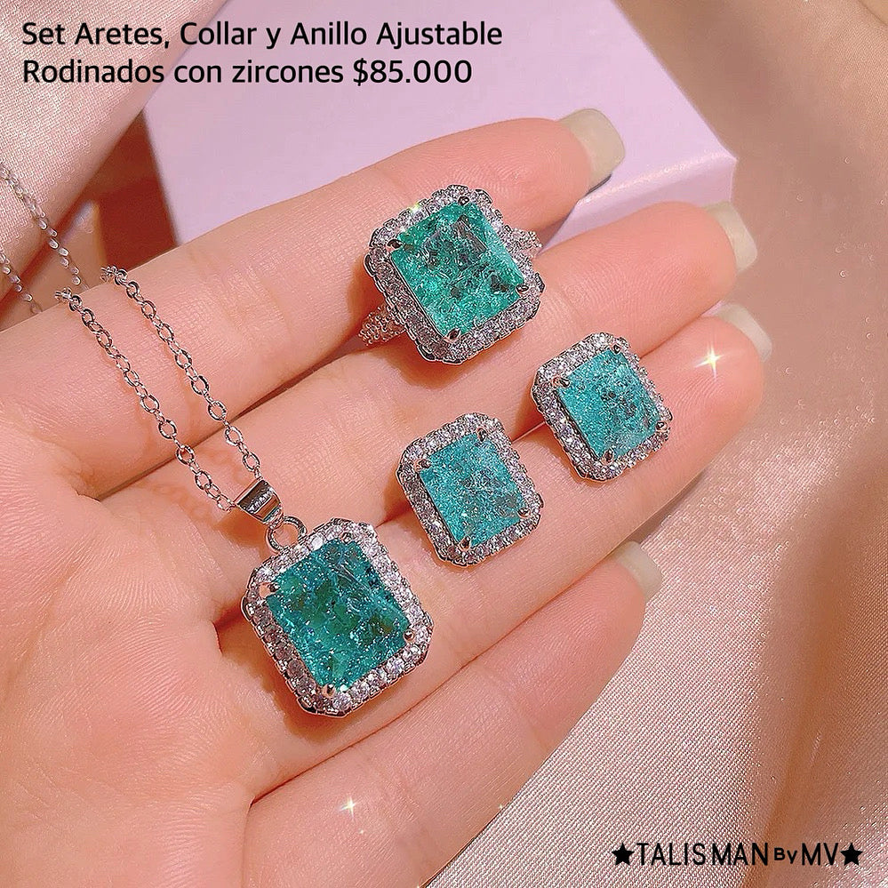 Set aretes, collar y anillo rodinado con zircones