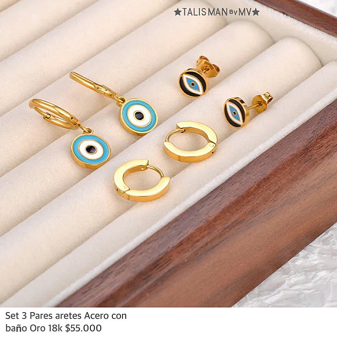 Set 3 pares aretes acero con baño oro 18k