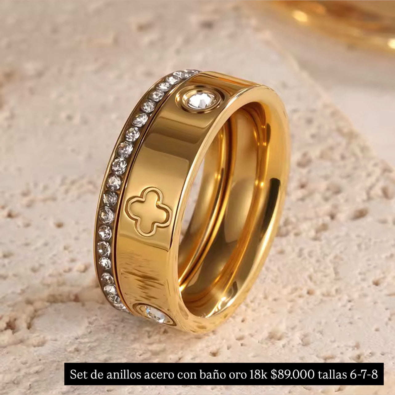 Set anillos acero con baño oro 18k