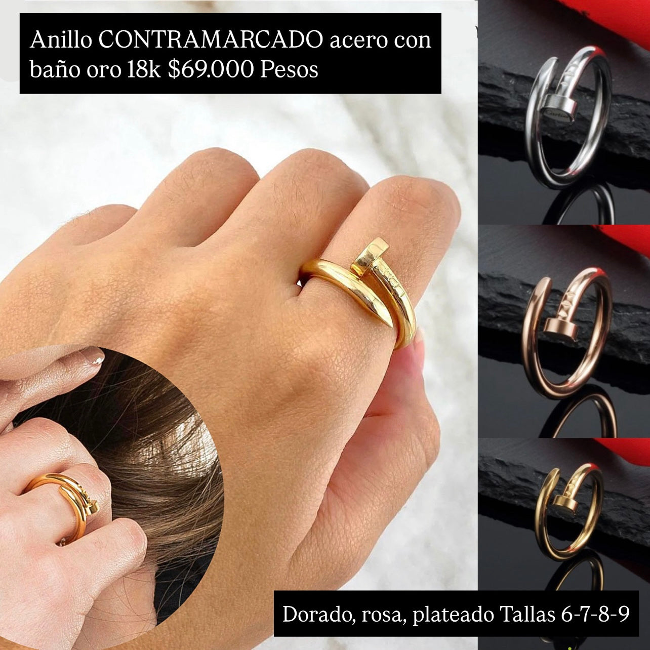 Anillo acero con baño oro 18k SIN CRISTALES (contramarcado)