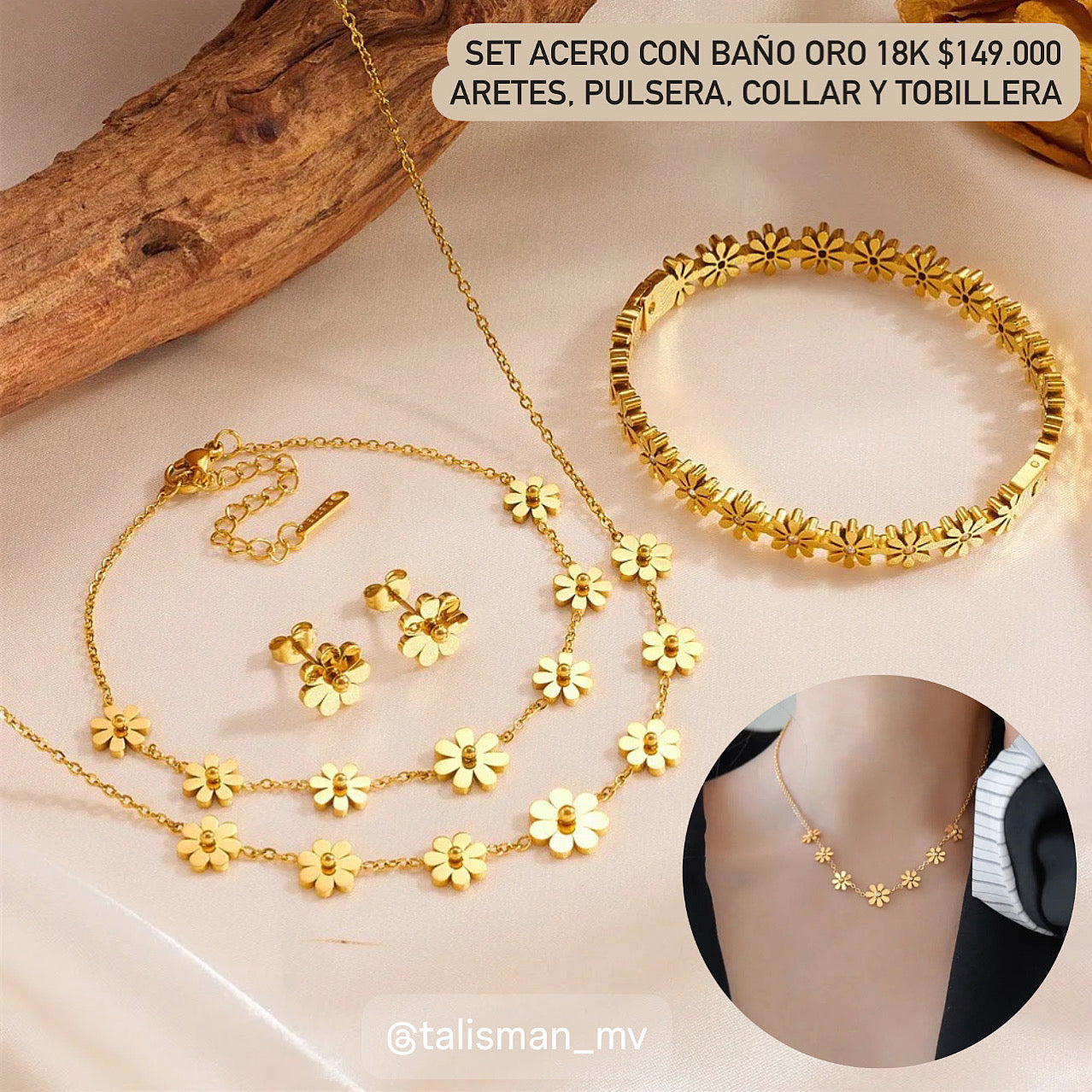 Set acero con baño oro 18k