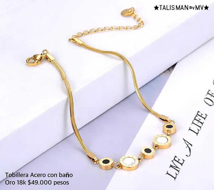 Tobillera acero con baño oro 18k