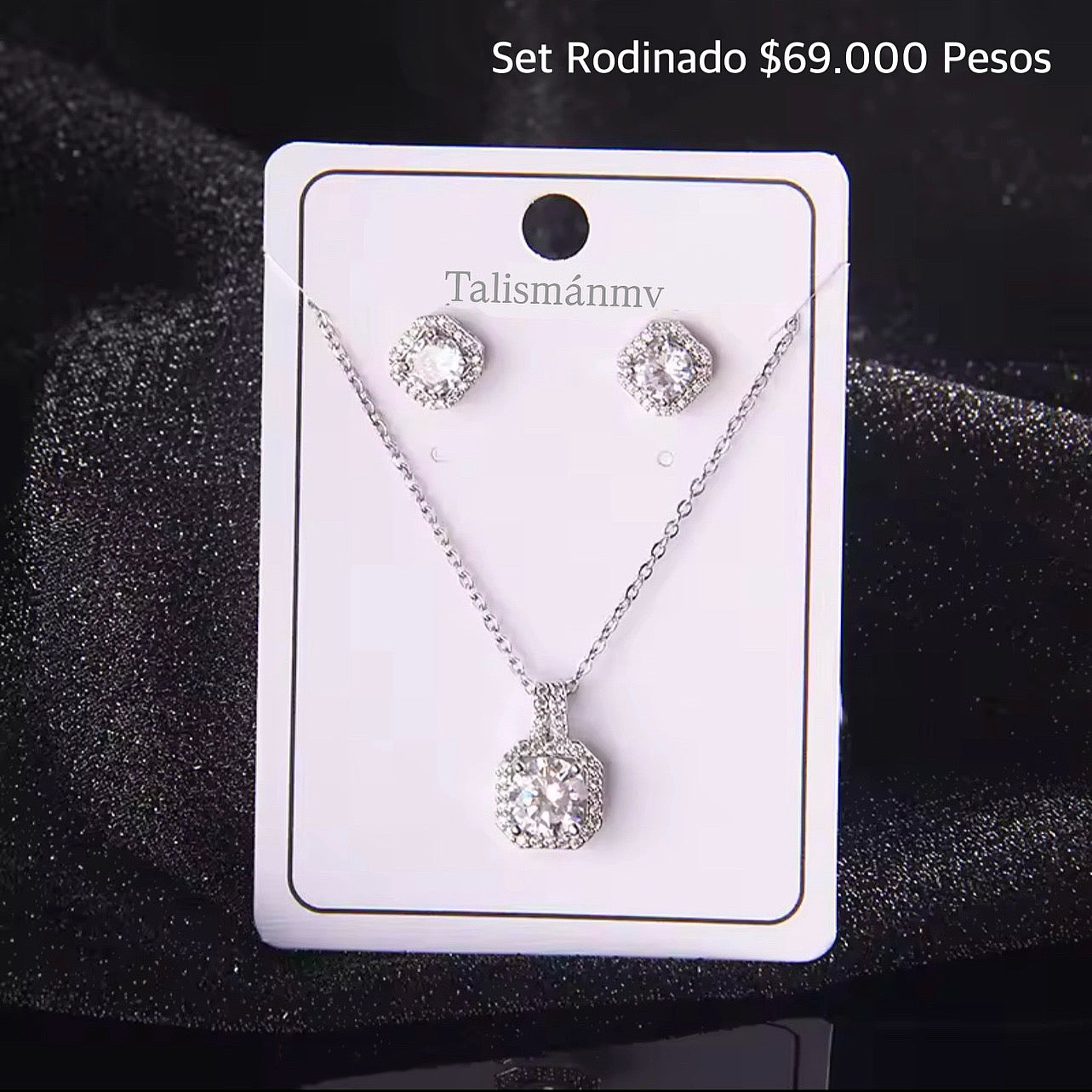 Set aretes y collar rodinado con zircones