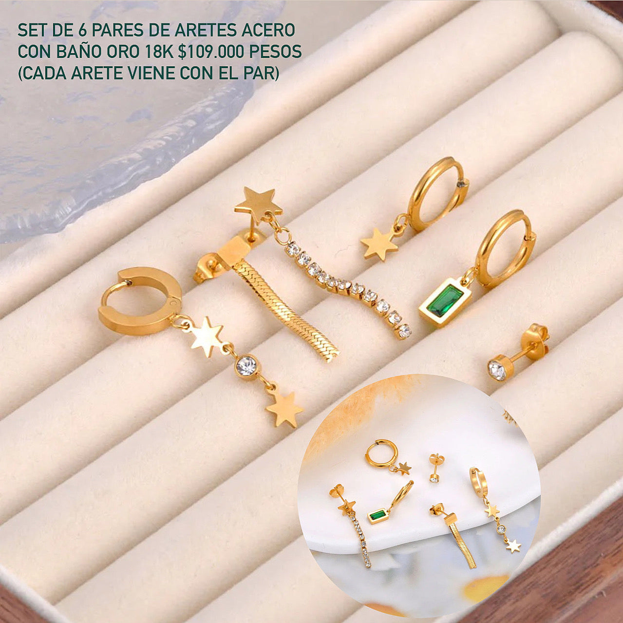 Set de 6 Pares de aretes acero con baño oro 18k