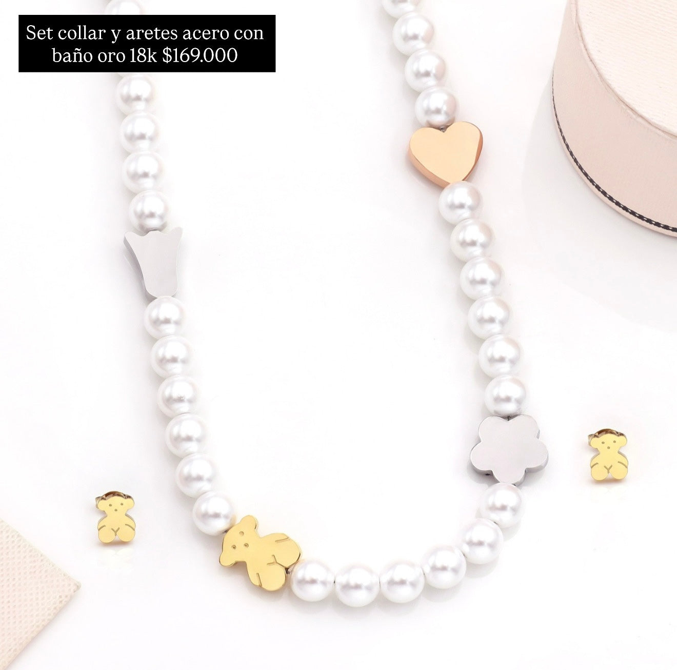 Set aretes y collar acero con baño oro 18k