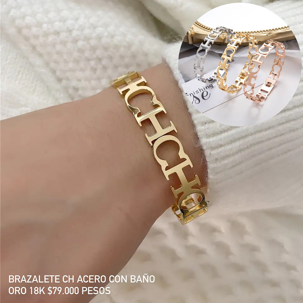 Brazalete acero con baño oro 18k