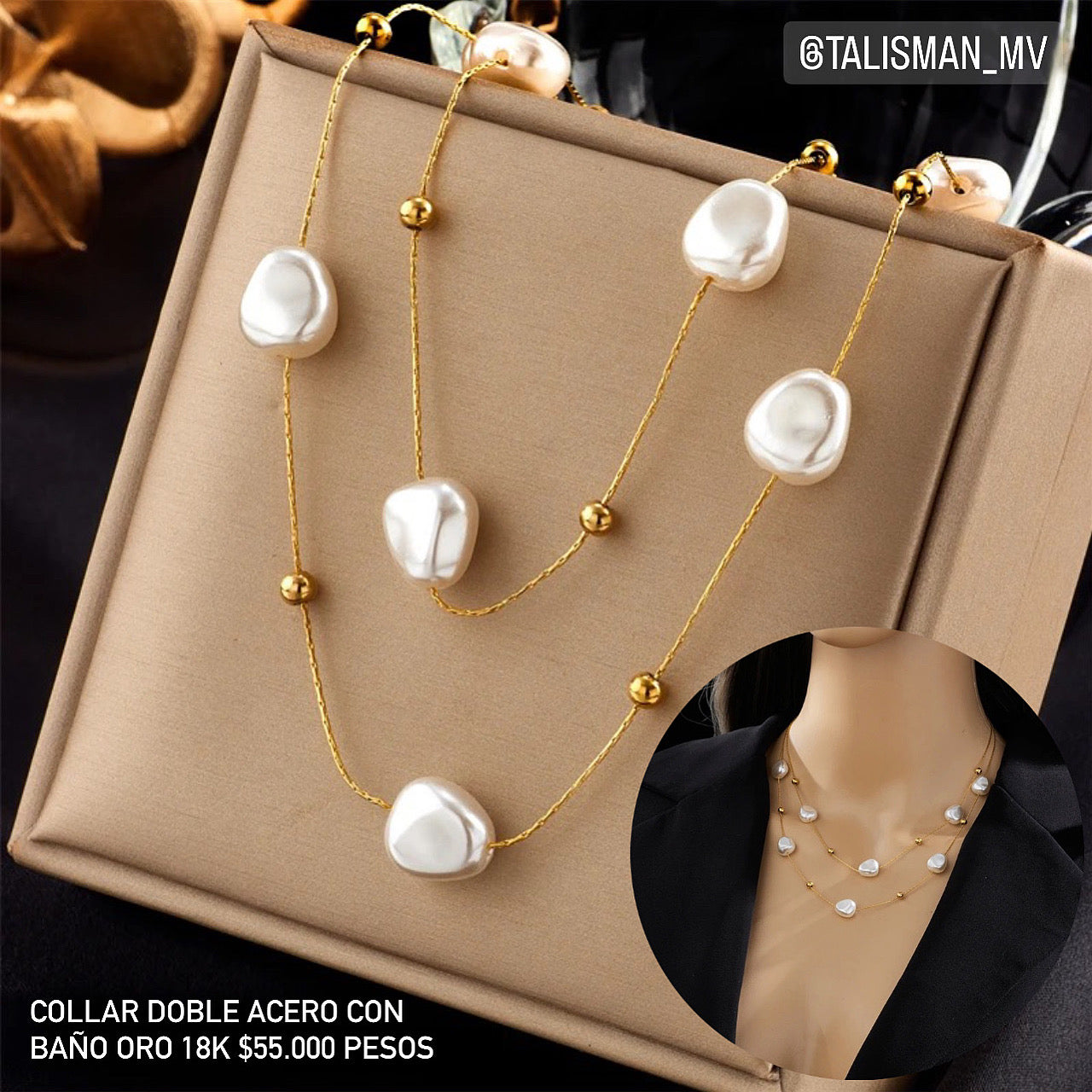 Collar Doble Acero con baño Oro 18k