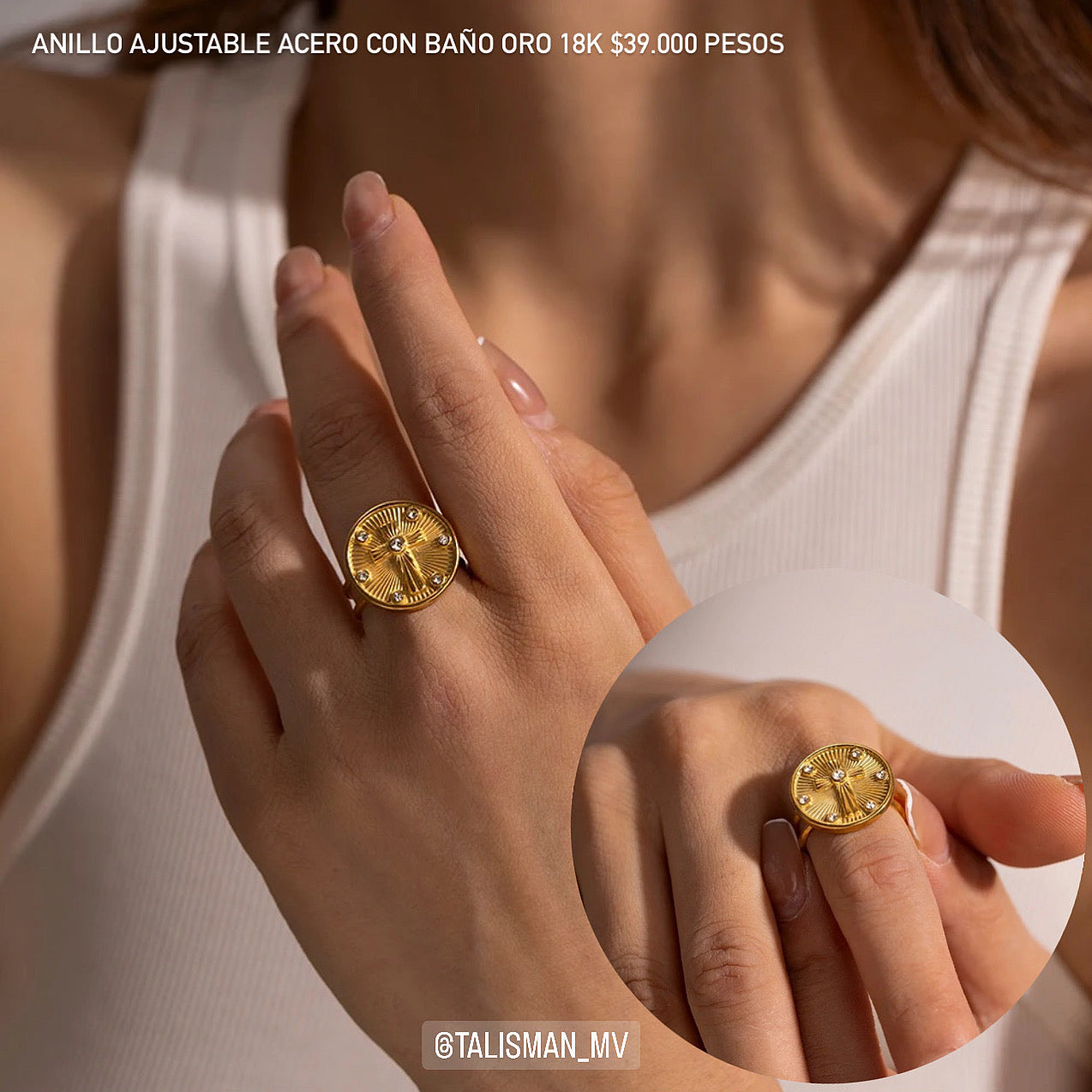 Anillo ajustable acero con baño oro 18k