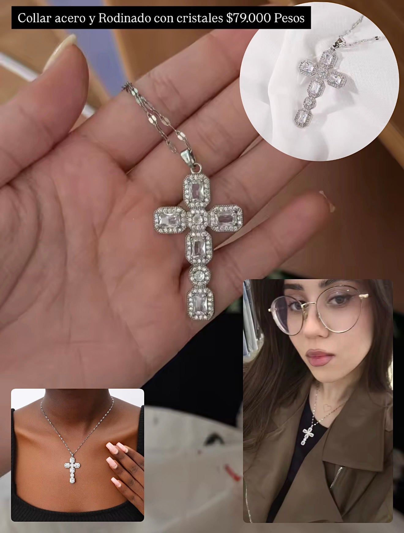 Cadena con dije rodinado y acero con cristales