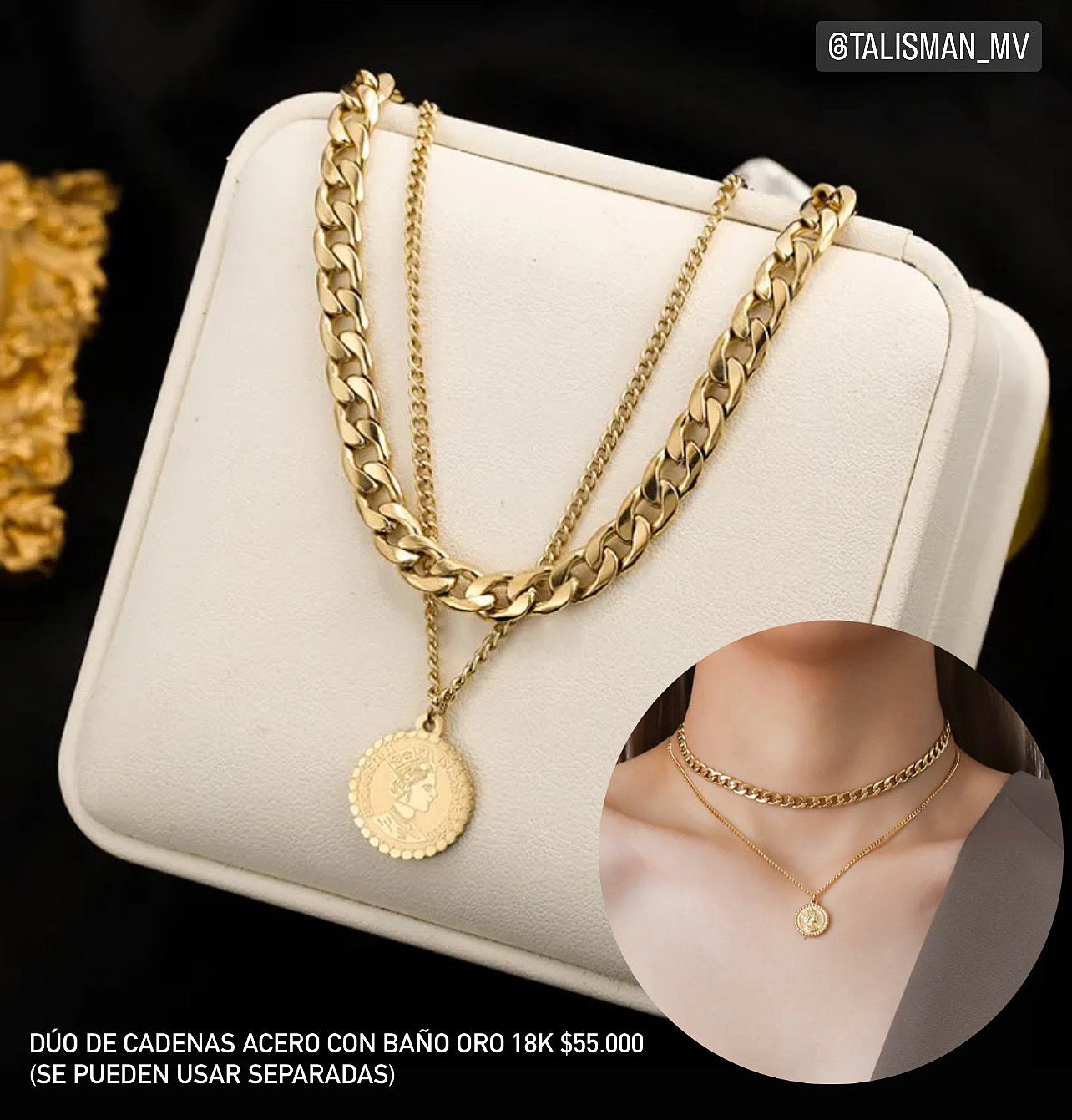 Dúo de cadenas acero con baño oro 18k