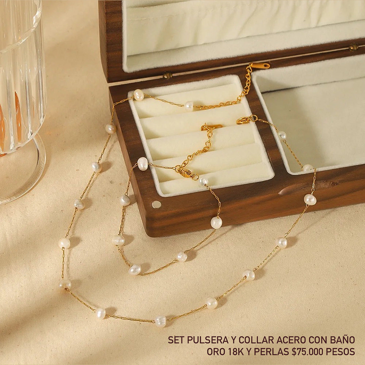 Set pulsera y collar acero con baño oro 18k