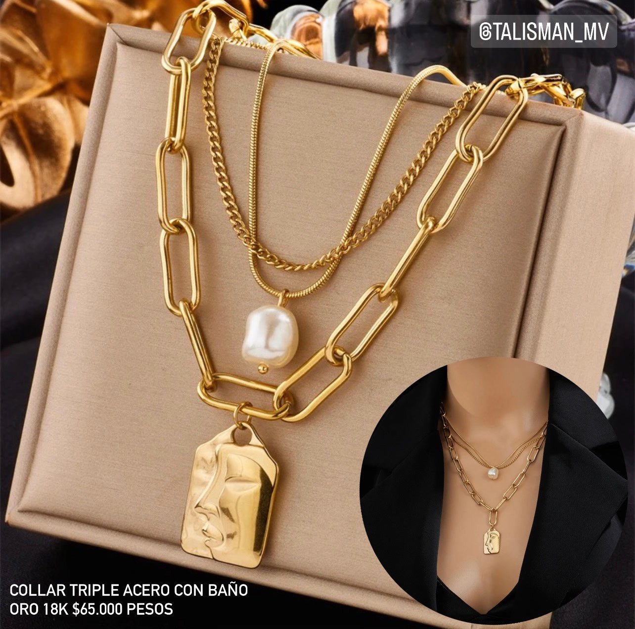 Collar triple acero con baño oro 18k