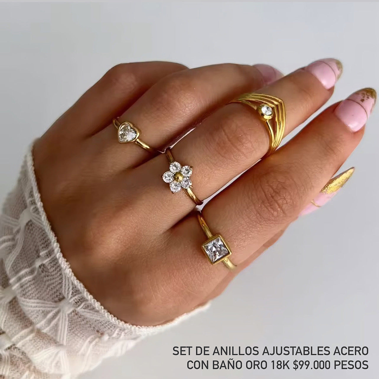 Set anillos ajustables acero con baño oro 18k