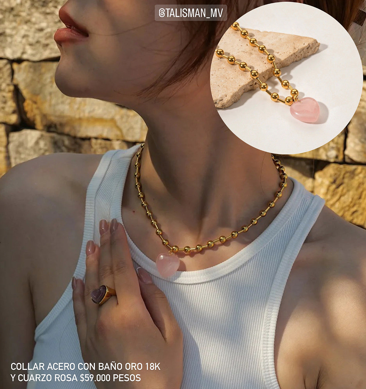 Collar acero con baño oro 18k y cuarzo rosa