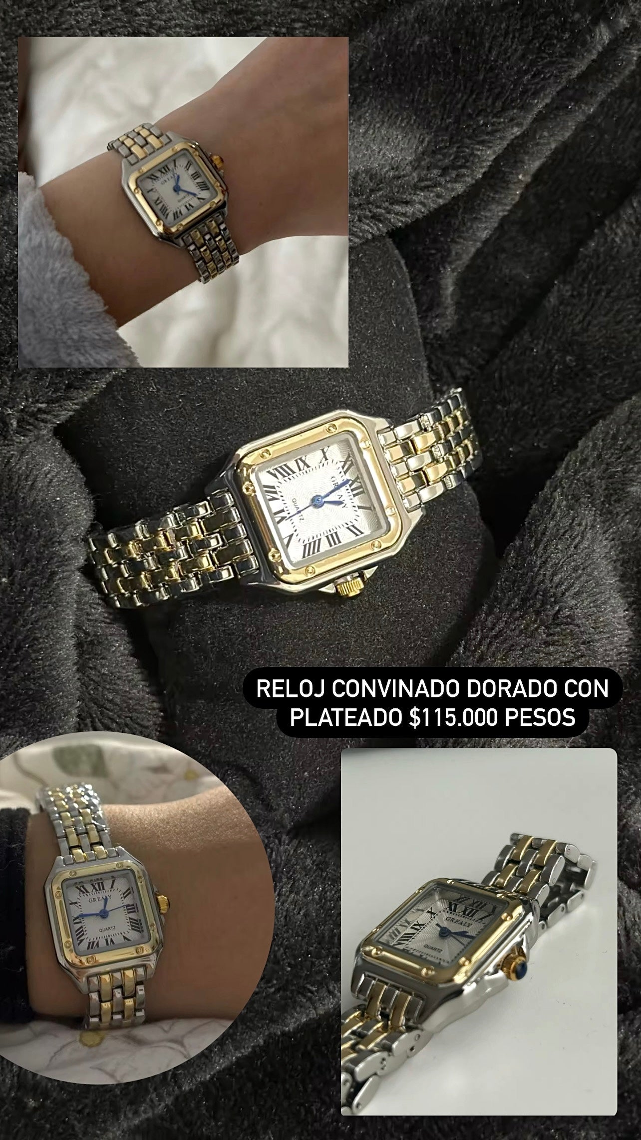 Reloj cuadrado plateado con dorado