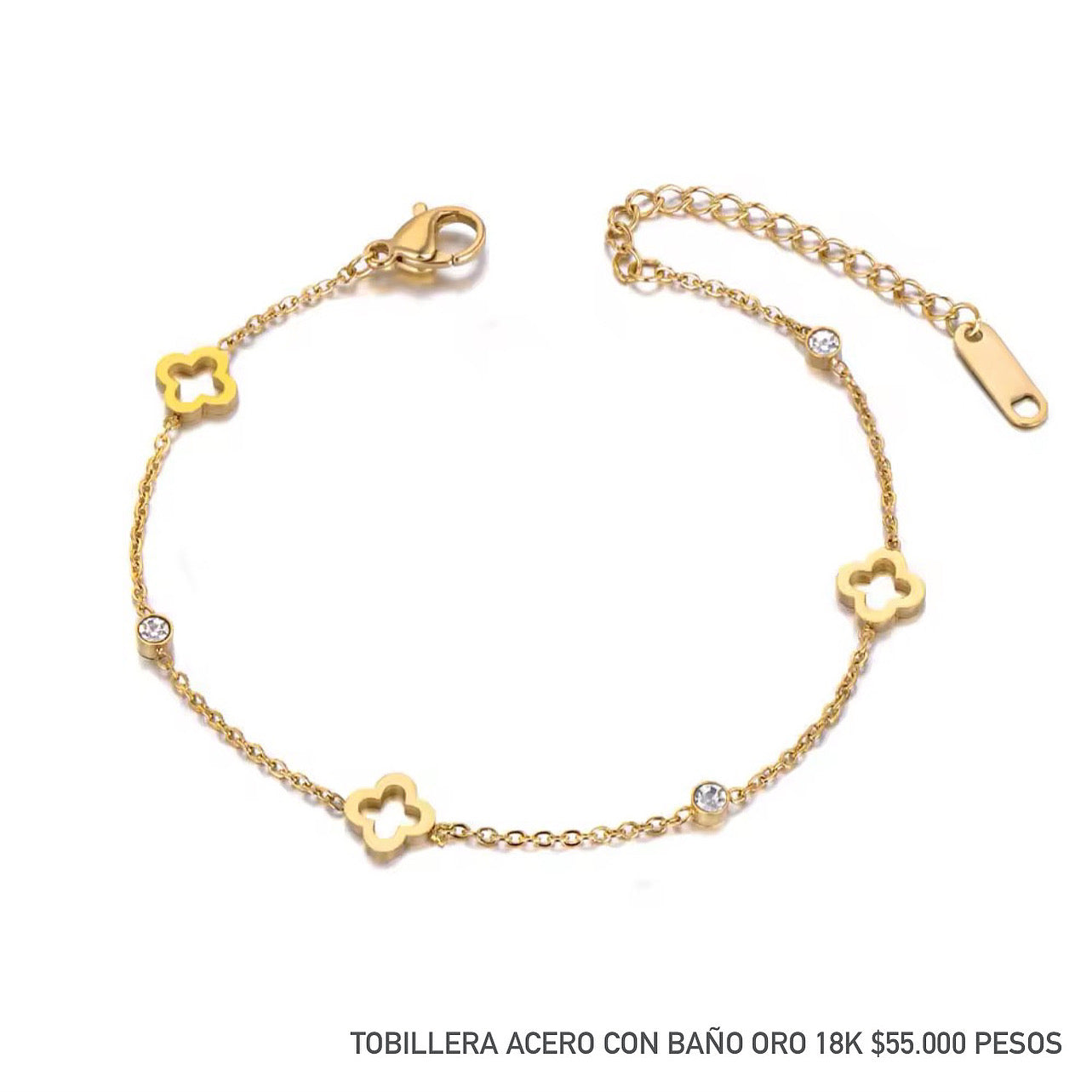 Tobillera tréboles acero con baño oro 18k