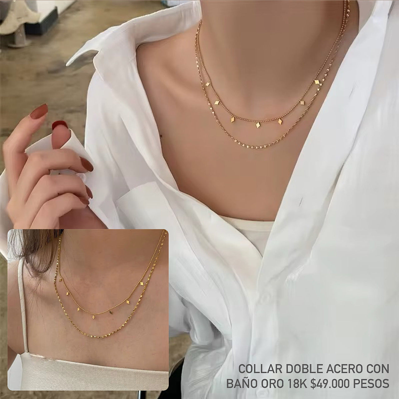 Collar doble acero con baño oro 18k