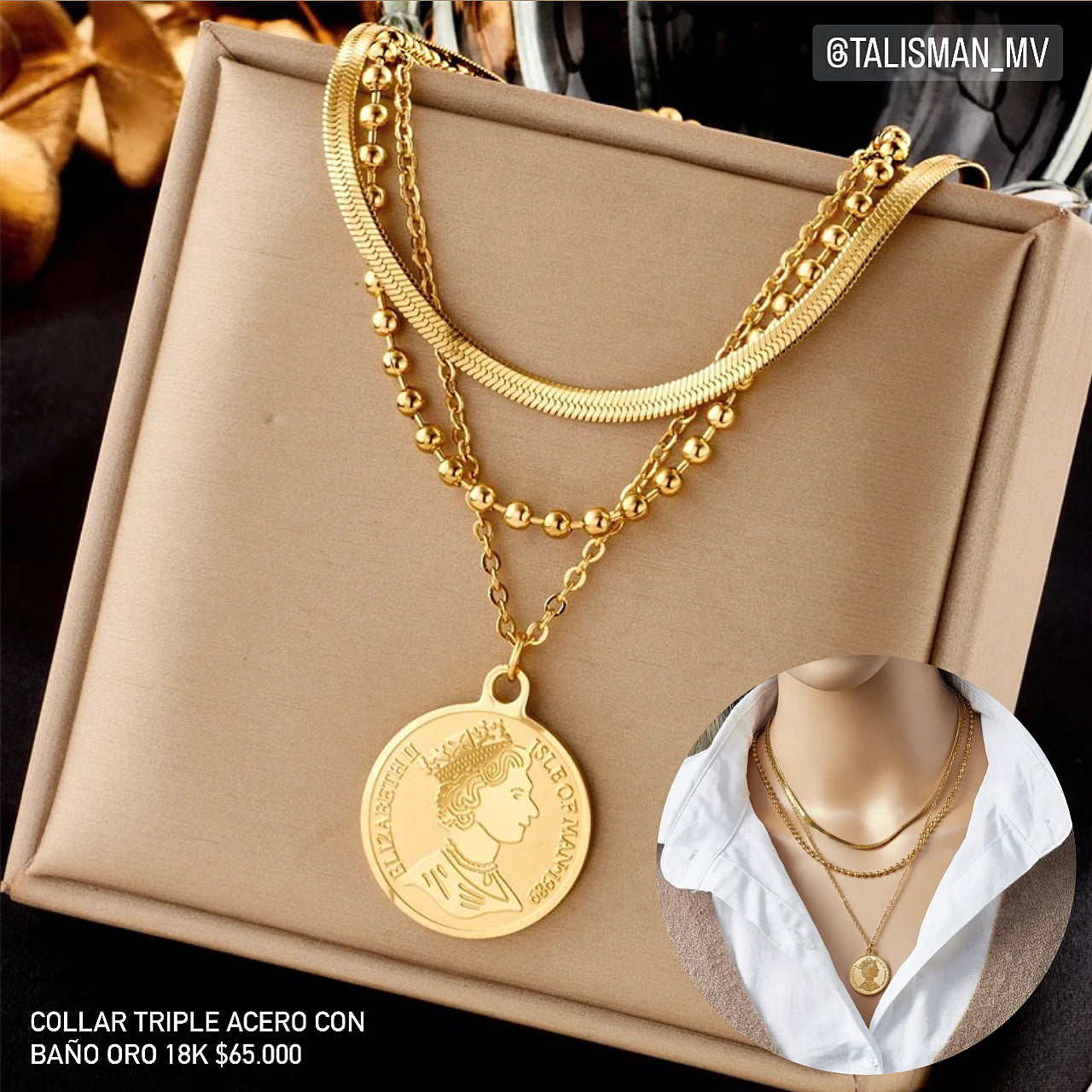 Collar triple acero con baño oro 18k