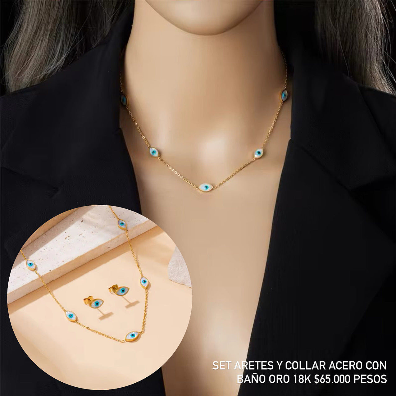 Set aretes y collar acero con baño oro 18k