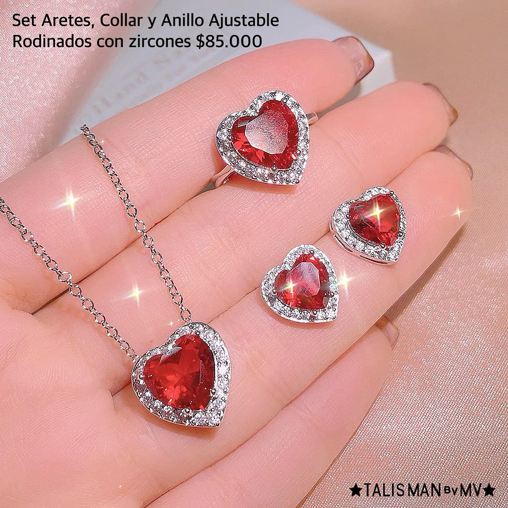 Set aretes, collar y anillo rodinado con zircones