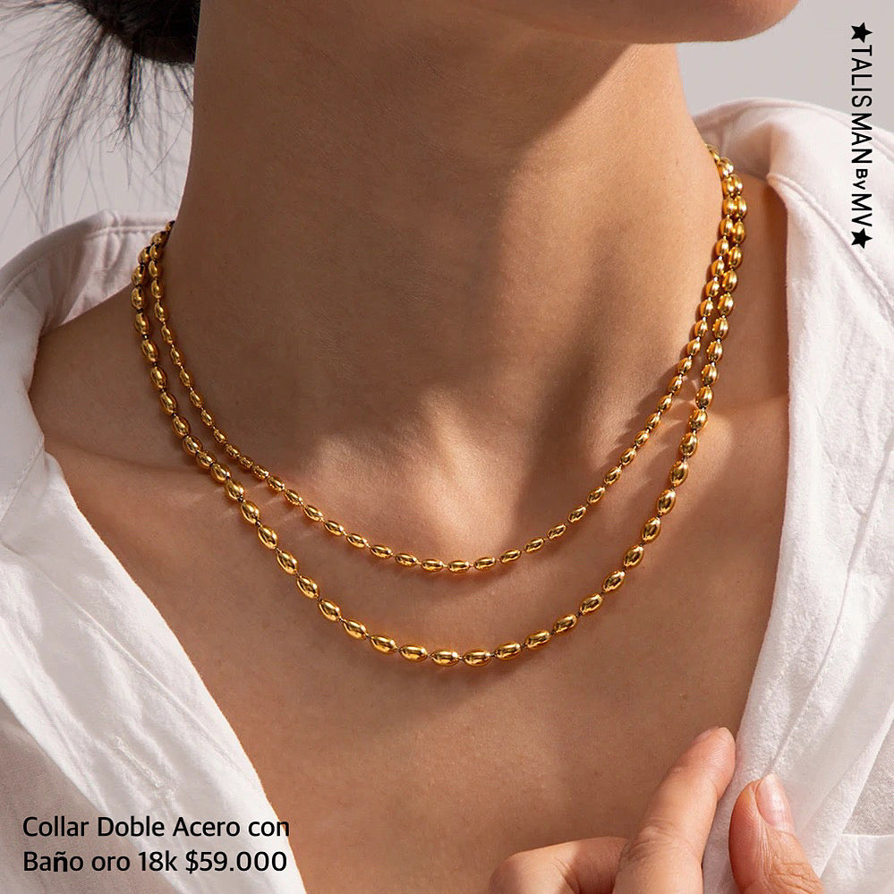 Collar doble acero con baño oro 18k
