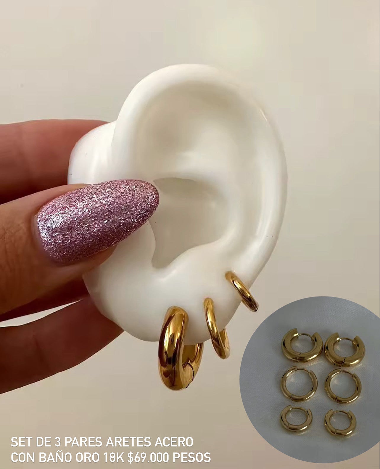 Set 3 pares aretes acero con baño oro 18k