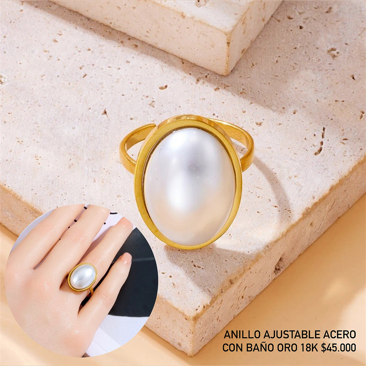 Anillo ajustable acero con baño oro 18k