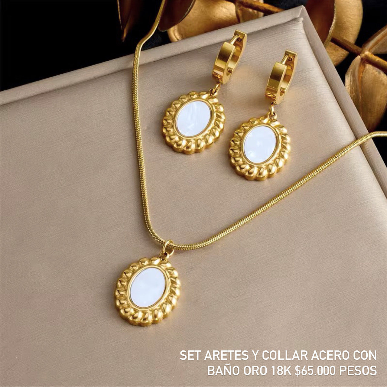 Set aretes y collar acero con baño oro 18k