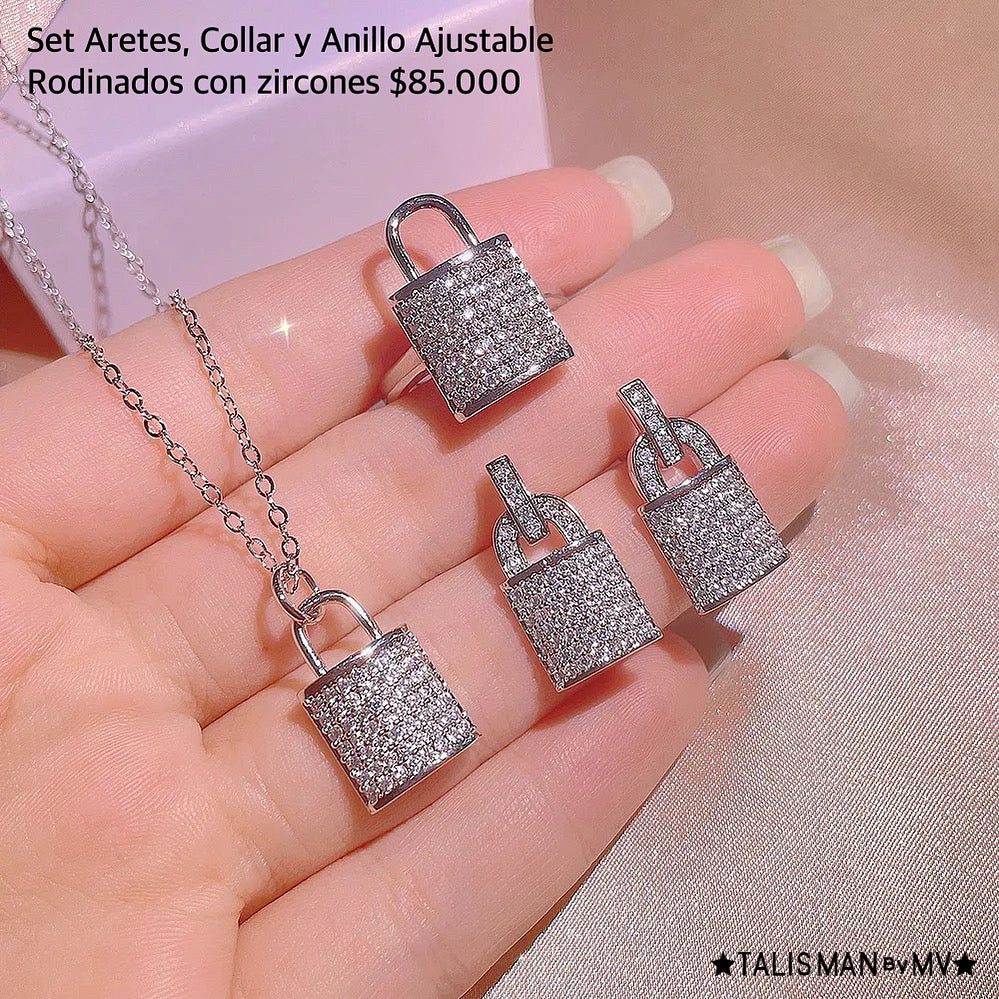 Set aretes, collar y anillo rodinado con zircones