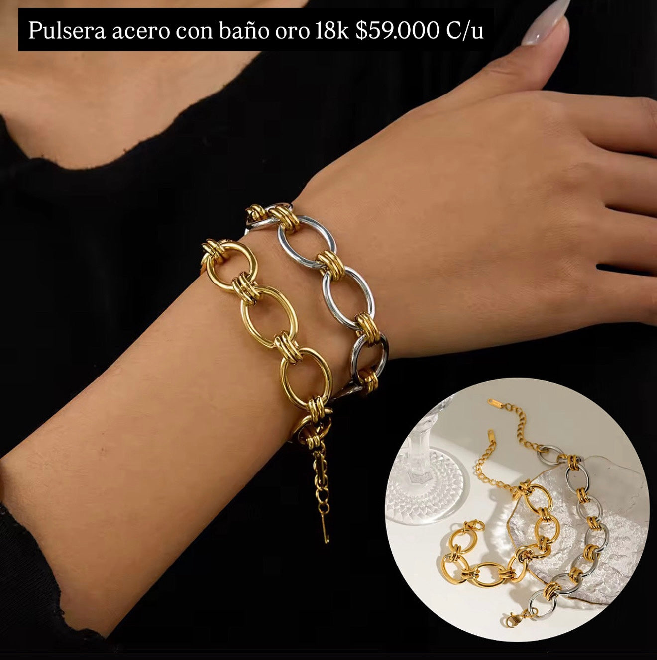 Pulsera acero con baño oro 18k