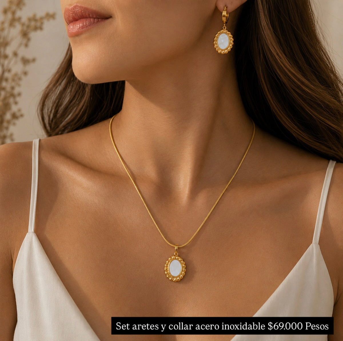 Set aretes y collar acero con baño oro 18k
