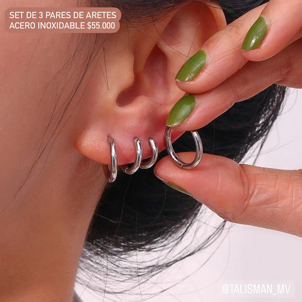 Set 3 pares aretes acero inoxidable