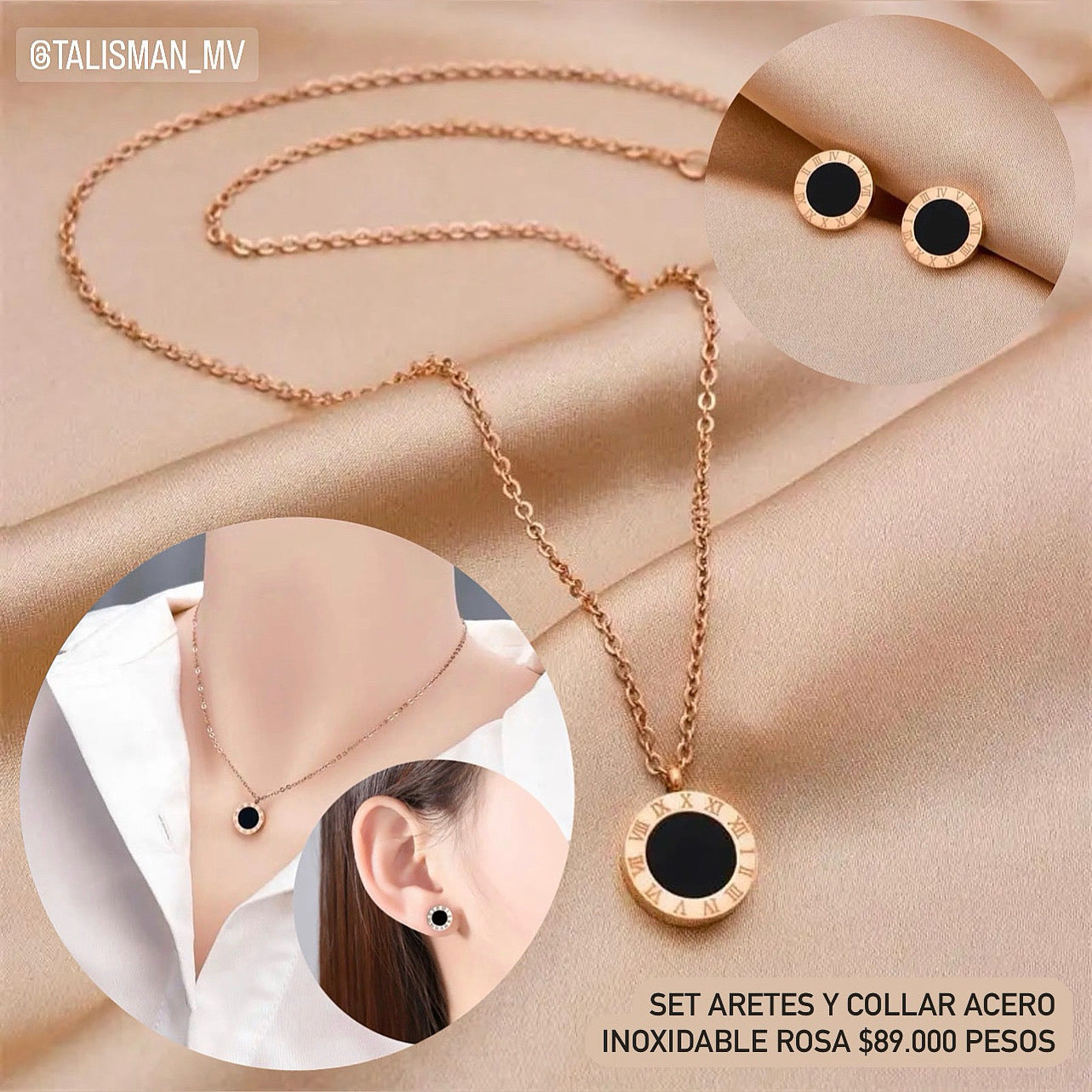 Set aretes y cadena acero rosa