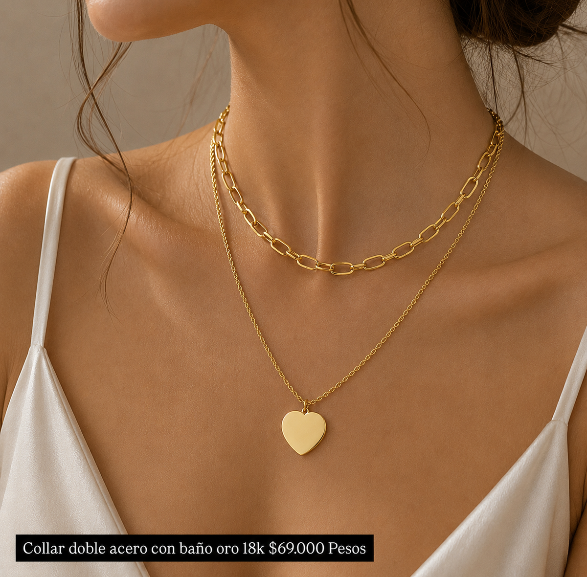 Collar doble acero con baño oro 18k