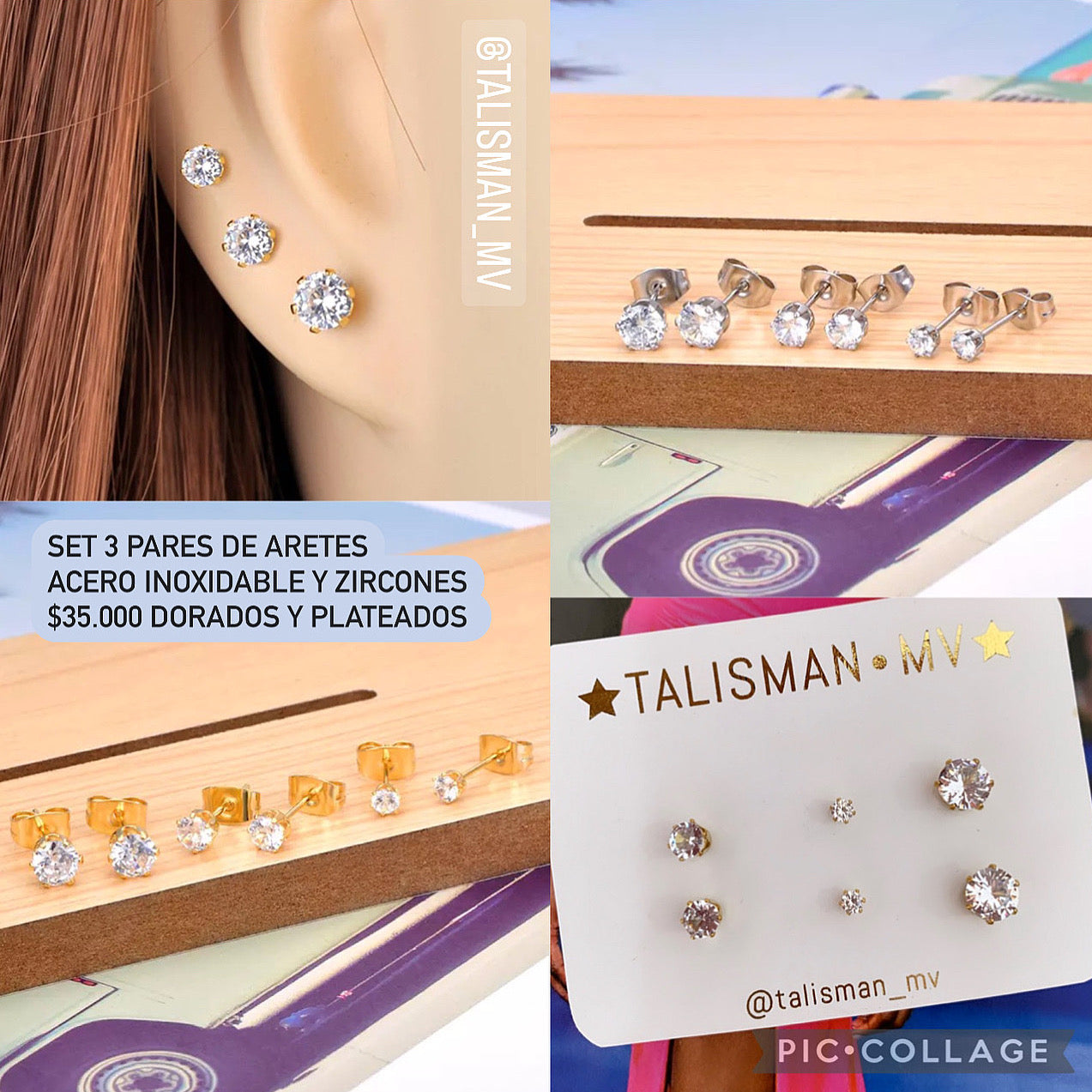 Set 3 pares aretes acero inoxidable