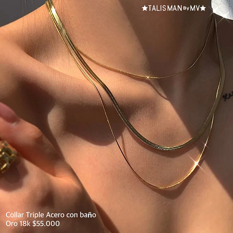 Collar Triple Acero con baño Oro 18k