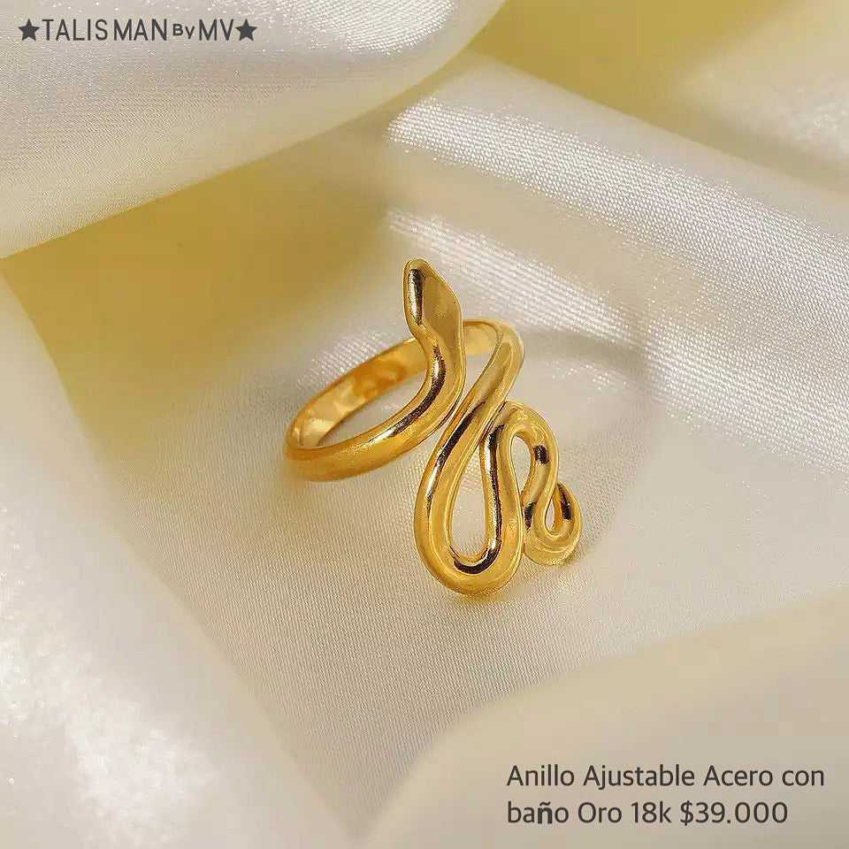 Anillo Ajustable Serpiente Acero con baño Oro 18k