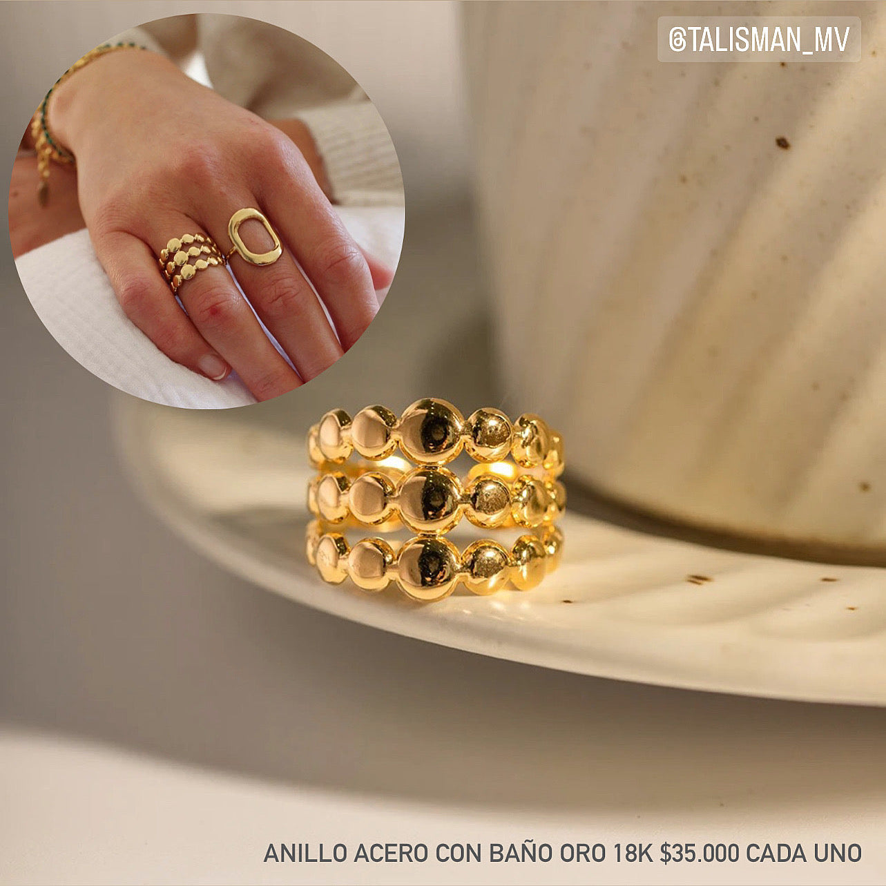 Anillo ajustable acero con baño oro 18k